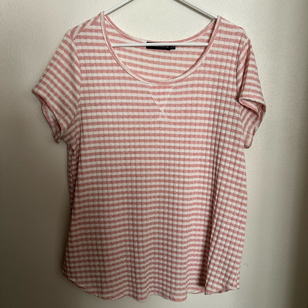 MIA KAYE Classic‎ Waffle Knit Textured Casual Blouse Pink White Women's Size 1X